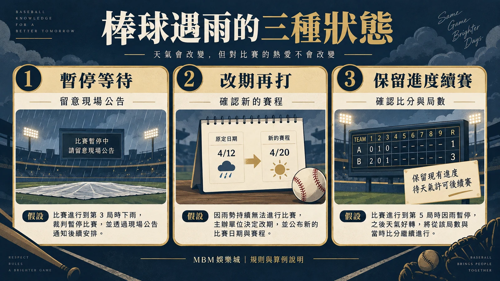 棒球遇雨的三種狀態:暫停等待|留意現場公告;改期再打|確認新的賽程;保留進度續賽|確認比分與局數