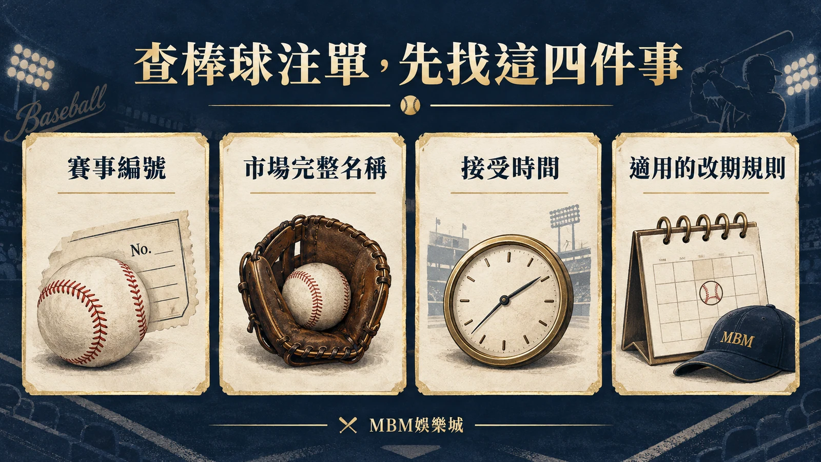 查棒球注單,先找這四件事:賽事編號;市場完整名稱;接受時間;適用的改期規則